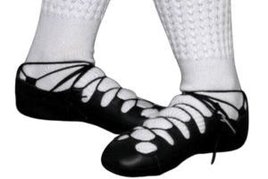 Example of irish dancer showing turnout wearing soft shoes ghillies