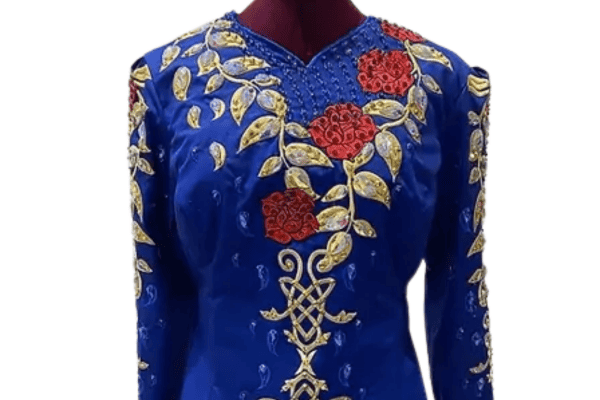 A blue dress with red and gold embroidery.